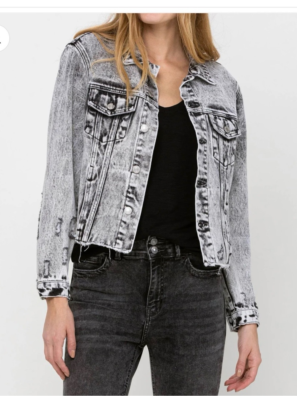 Vervet Escala - Distressed Black Acid Washed Classic Crop Jacket Medium
